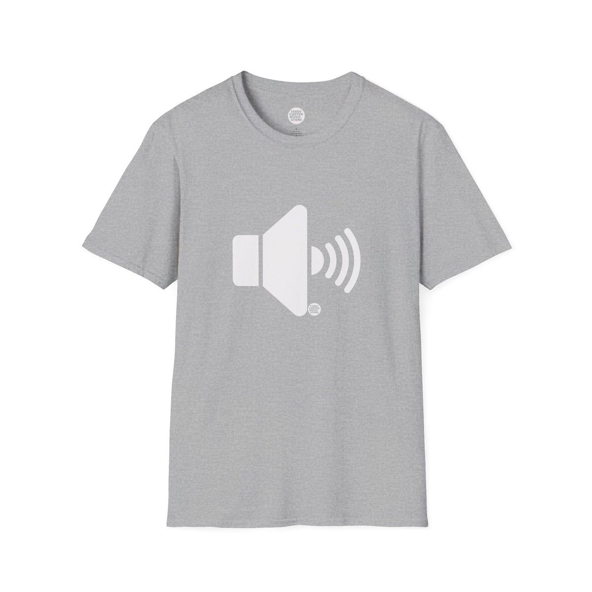 Sound On Speaker Icon t-shirt in sport gray with white speaker logo, front view