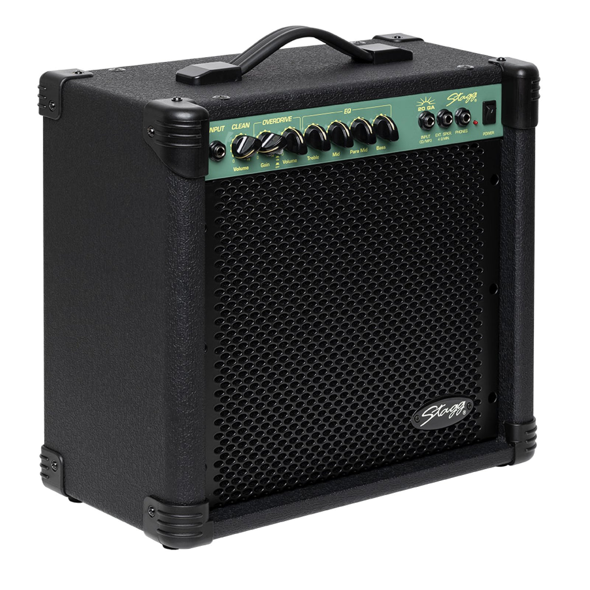 Stagg 20 GA 20W guitar amplifier, angled front view with black cover, green control panel and grille
