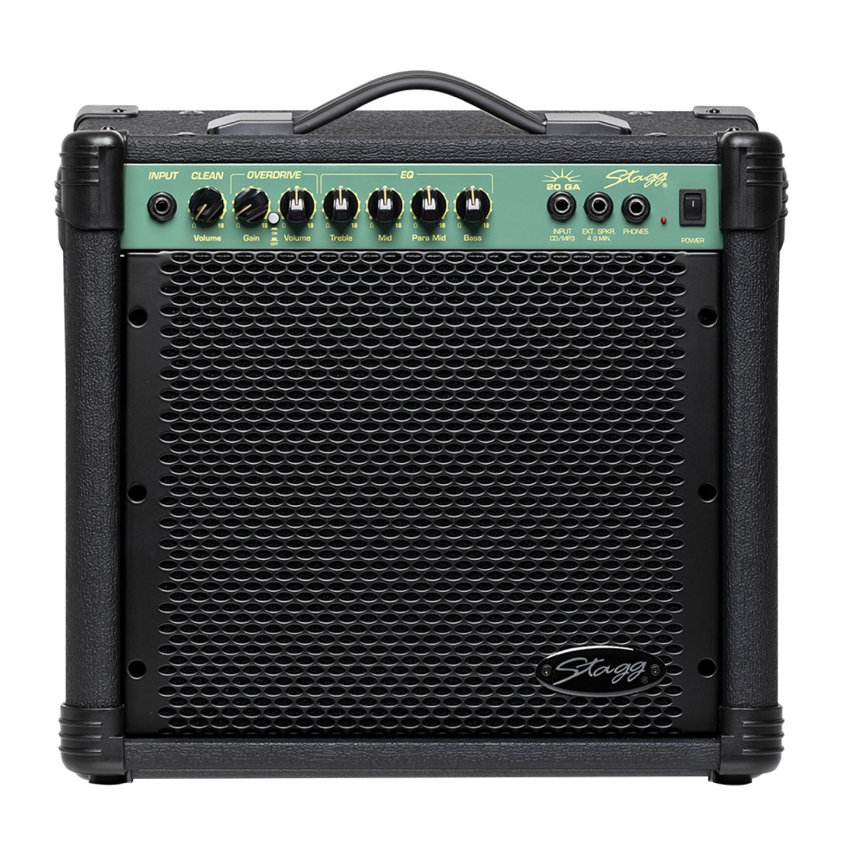 Stagg 20 GA guitar amplifier, straight-on front view with carry handle and control panel
