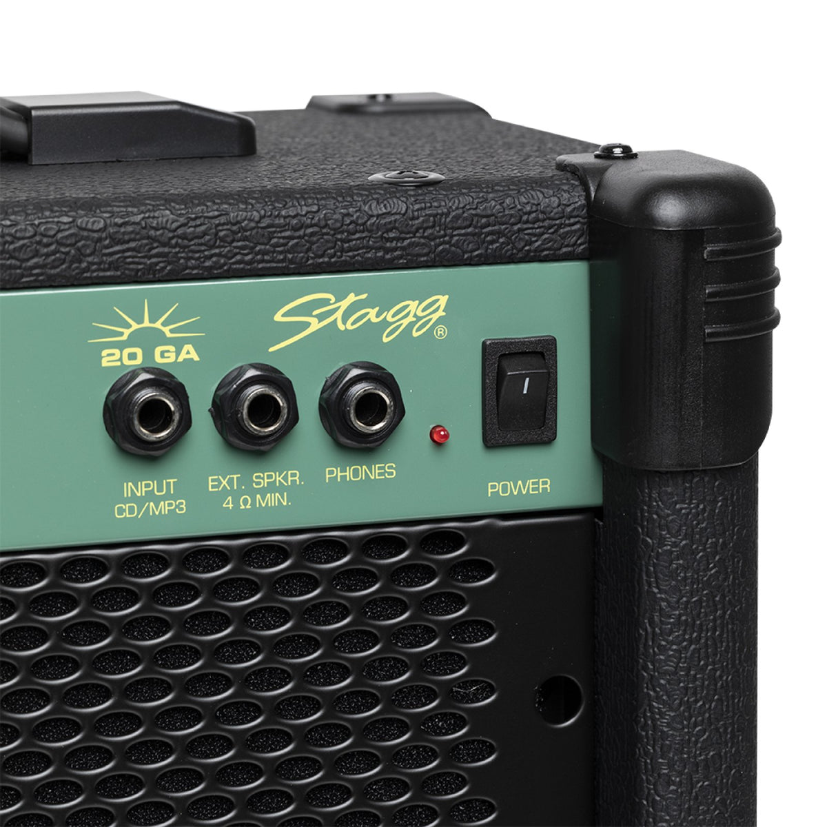 Stagg 20 GA amplifier close-up of the input, ext speaker and phones jacks and power switch