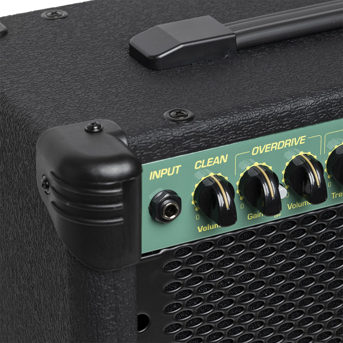 Stagg 20 GA amplifier top corner close-up with carry handle and input, clean and overdrive knobs