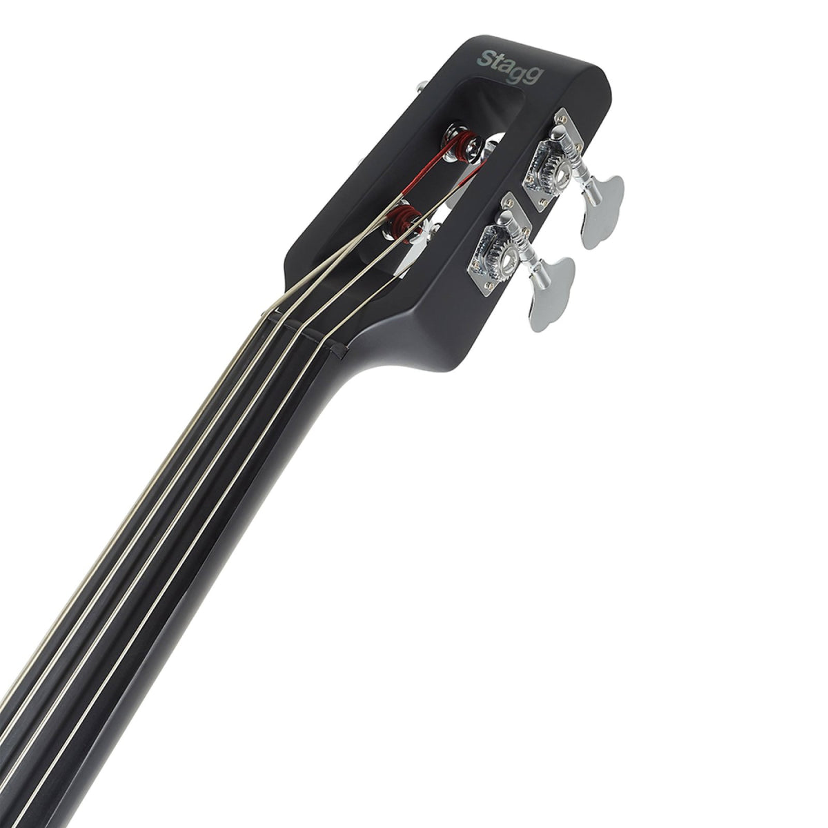 Front of the Stagg EDB-3/4 BK headstock with the Stagg logo and P-bass style tuning machines