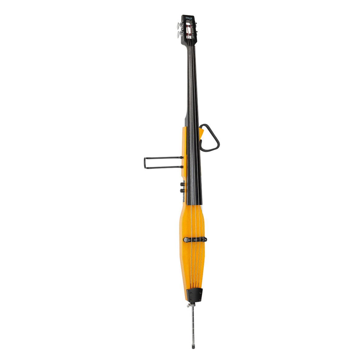 Stagg EDB-3/4 H 3/4 electric double bass with a honey-coloured body and black neck, front view with wire frame supports