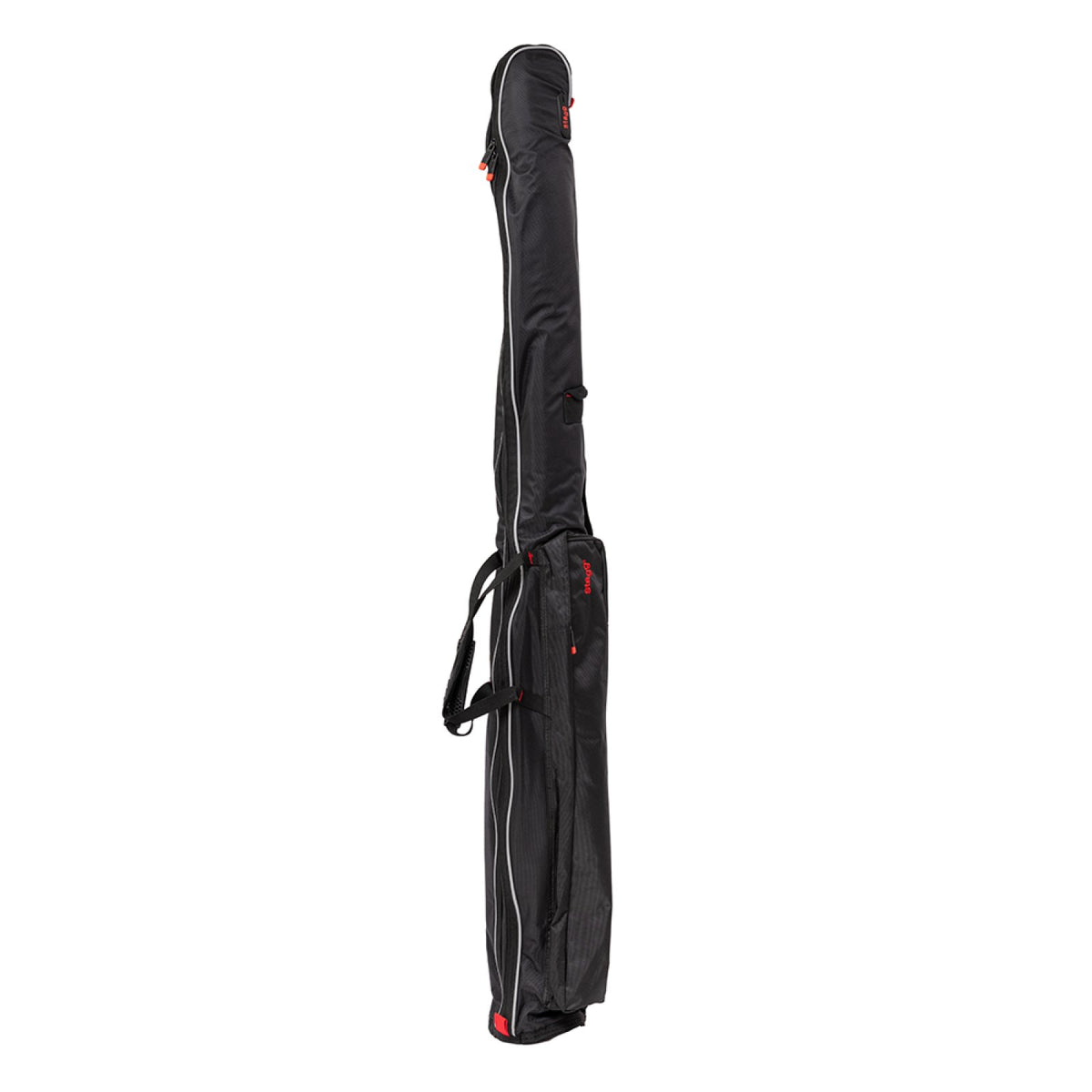 Black gigbag for the Stagg EDB-3/4 H electric double bass standing upright with shoulder straps