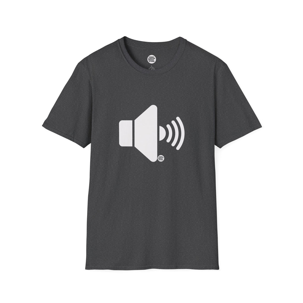 Sound On Speaker Icon t-shirt in dark heather gray with white speaker logo, front view