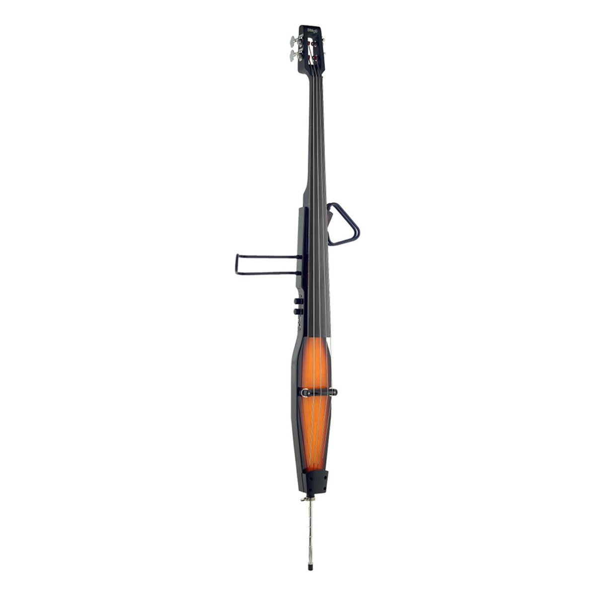 Stagg EDB-3/4 VBR 3/4 electric double bass with a violinburst brown-to-amber body and black neck, front view with wire frame supports