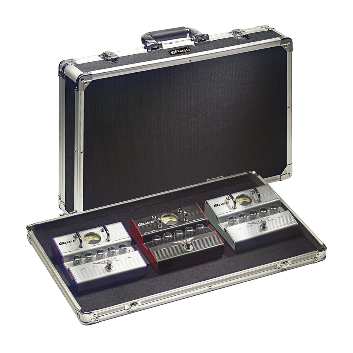 Stagg UPC-535 ABS case for guitar effect pedals: open case with the lid raised, showing three effect pedals mounted on the interior