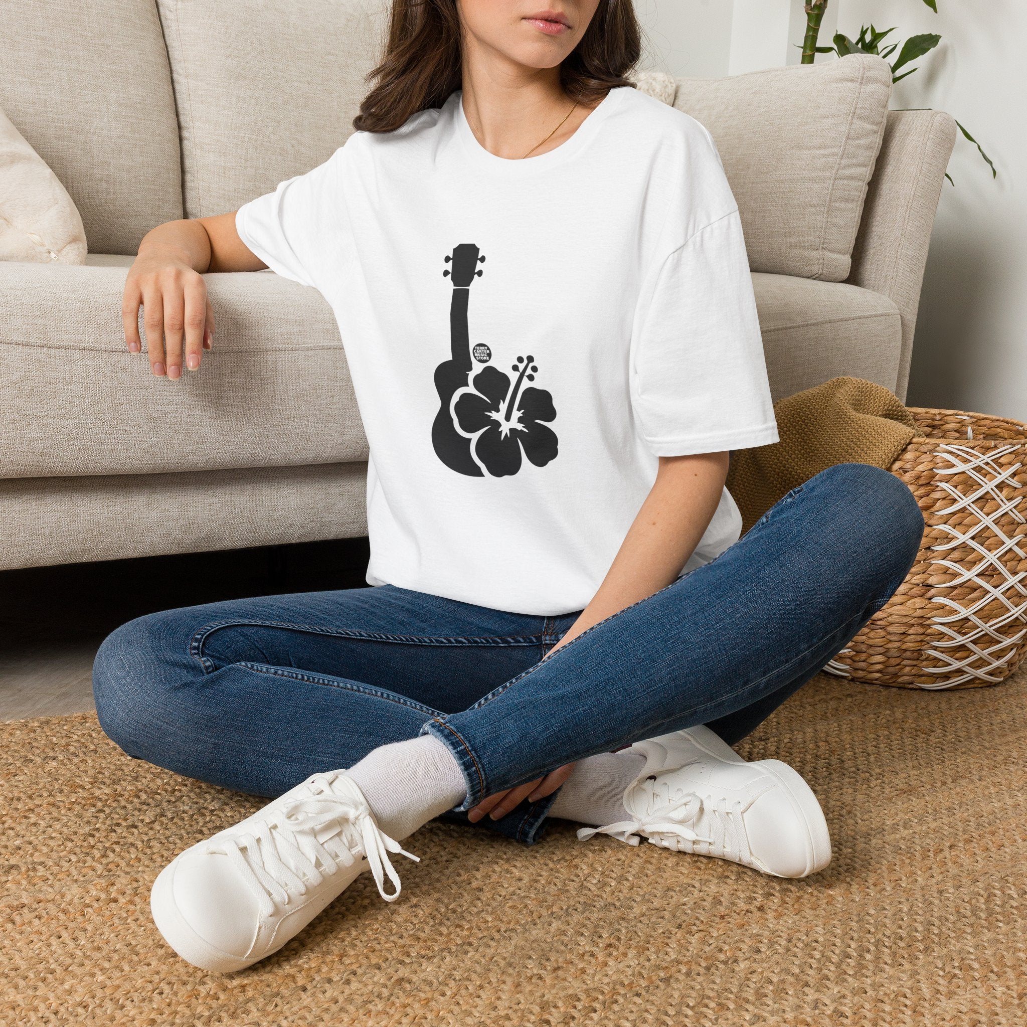 Ukulele Musician T-Shirt with Hibiscus - Black Logo