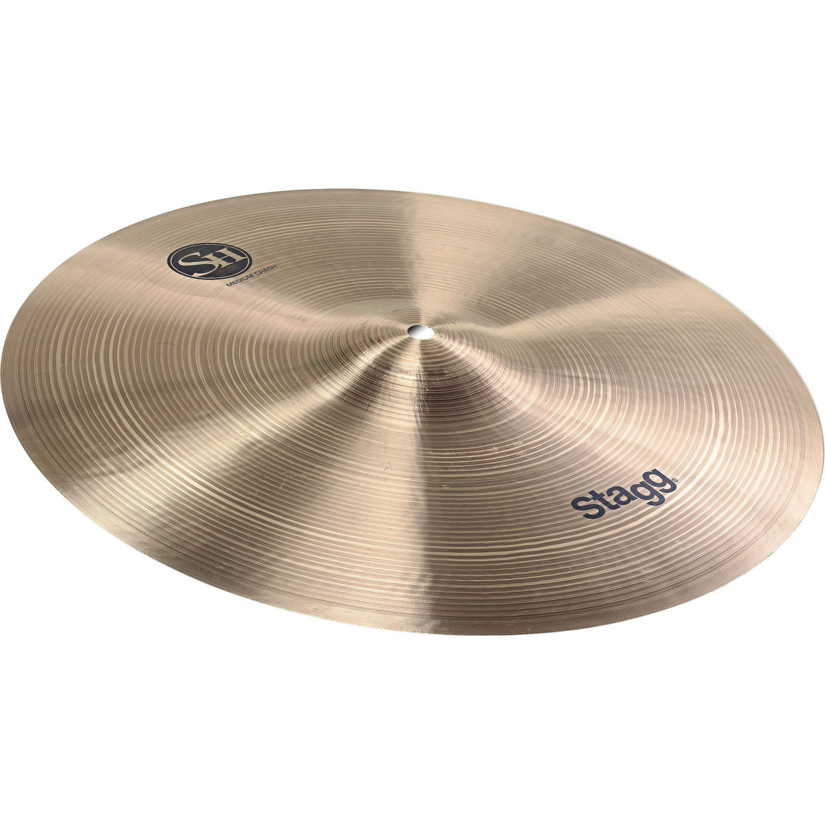 Stagg SH-CM13R SH regular medium crash cymbal, angled view of the lathed bronze cymbal with SH logo and Stagg logo