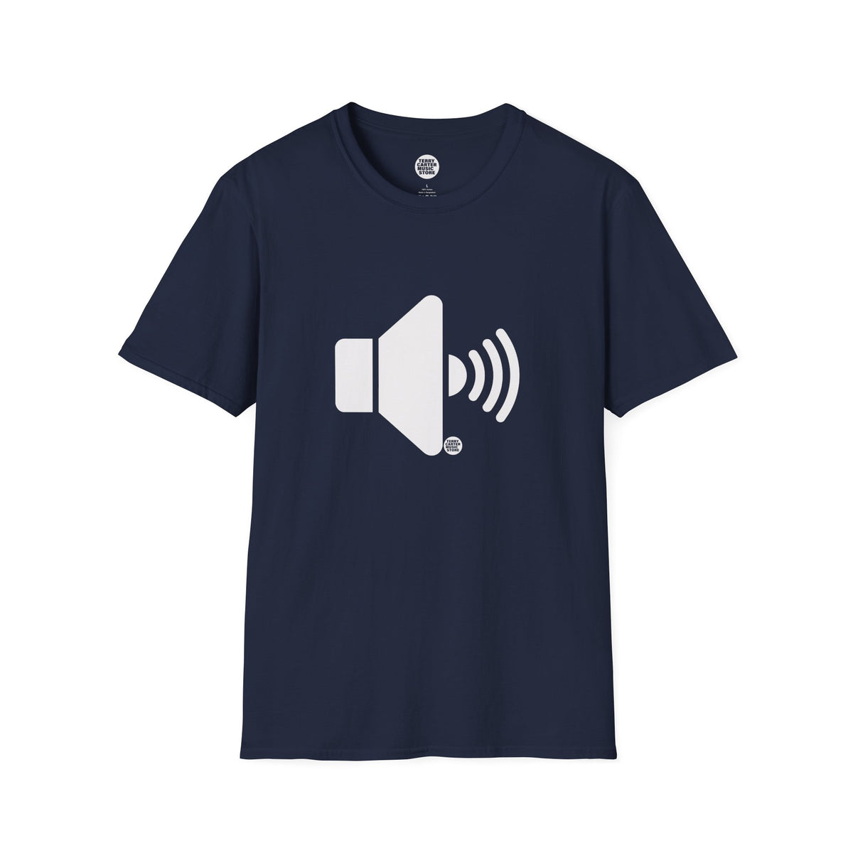 Sound On Speaker Icon t-shirt in navy with white speaker logo, front view