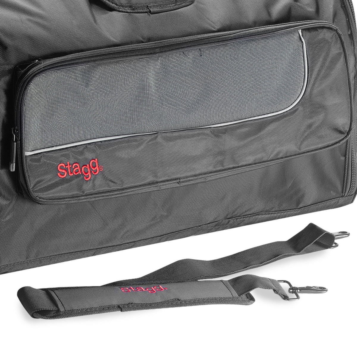 Stagg SPB-12 padded nylon bag for 12 inch PA speaker: close-up of the zippered external pocket with the Stagg logo and the shoulder strap