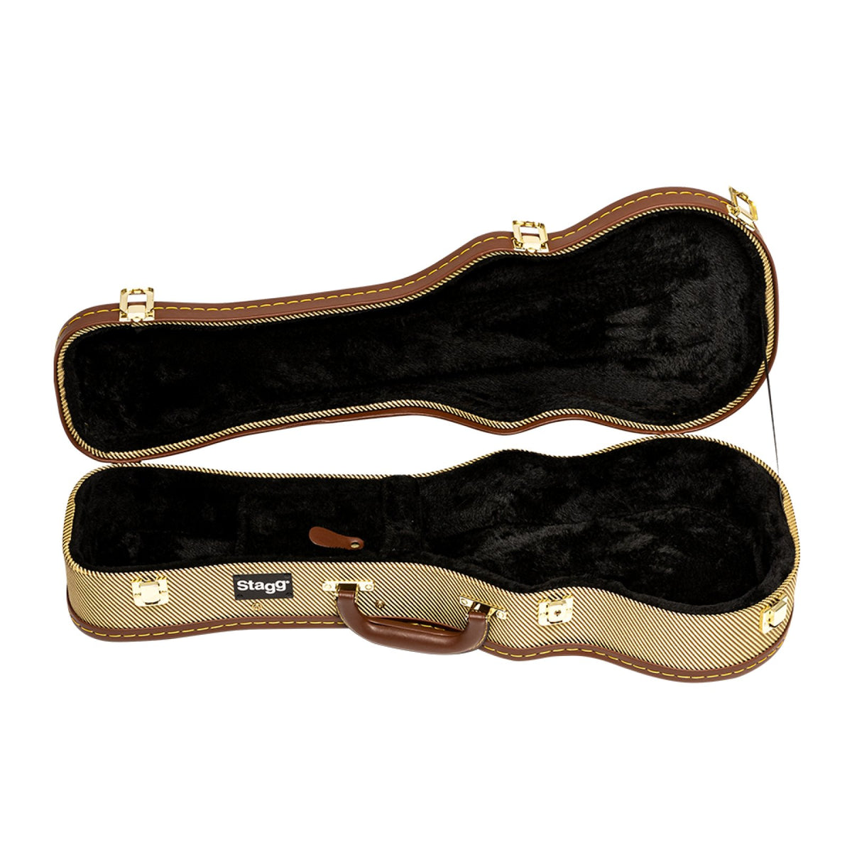 Stagg GCX-UKC GD concert ukulele case open, showing black plush interior