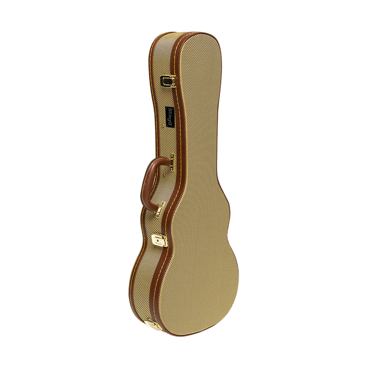 Stagg GCX-UKT GD gold tweed tenor ukulele hardshell case, standing upright