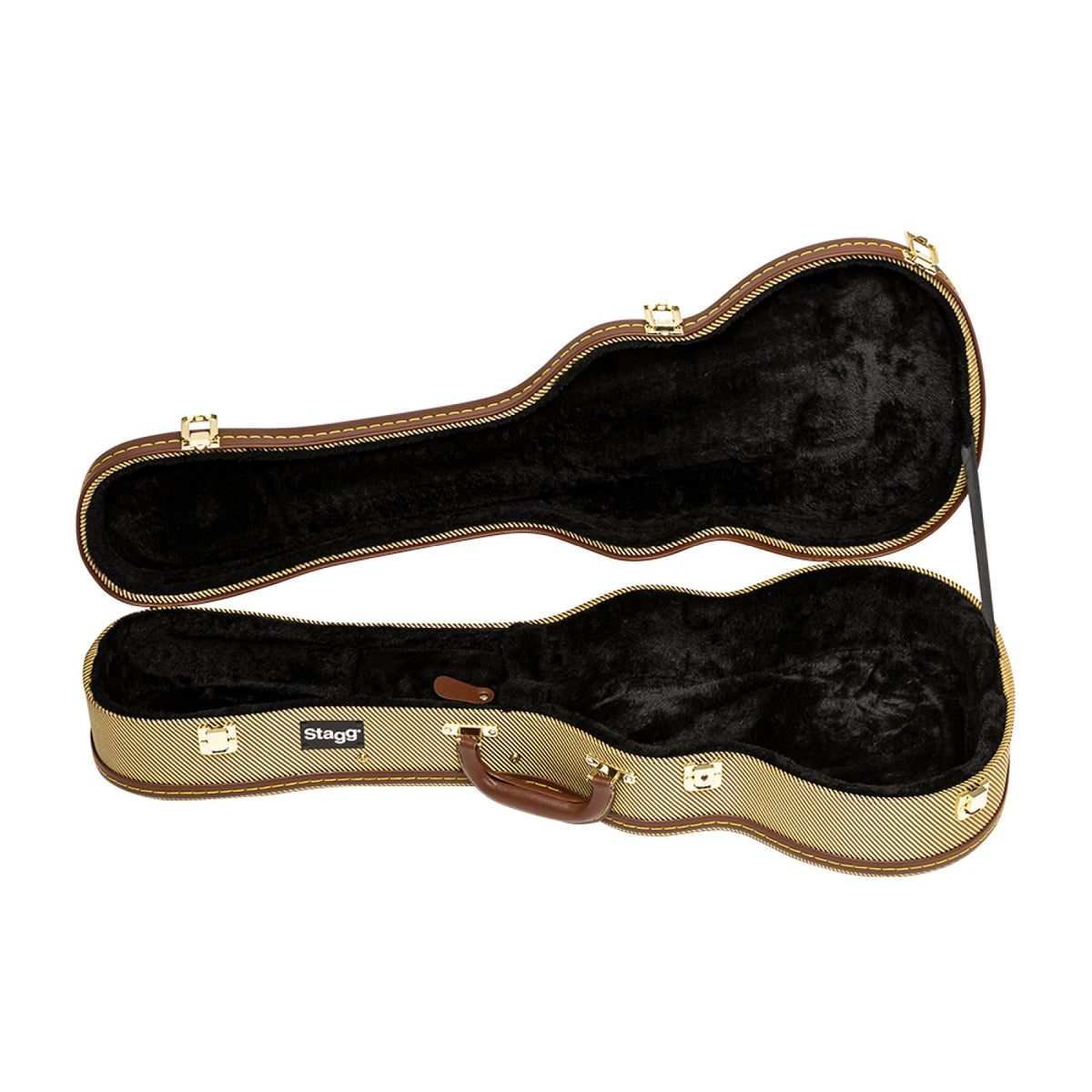 Stagg GCX-UKT GD tenor ukulele case open, showing black plush interior