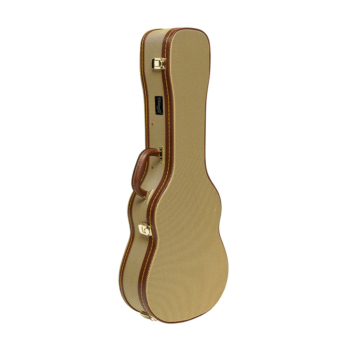Stagg GCX-UKB GD gold tweed baritone ukulele hardshell case, standing upright