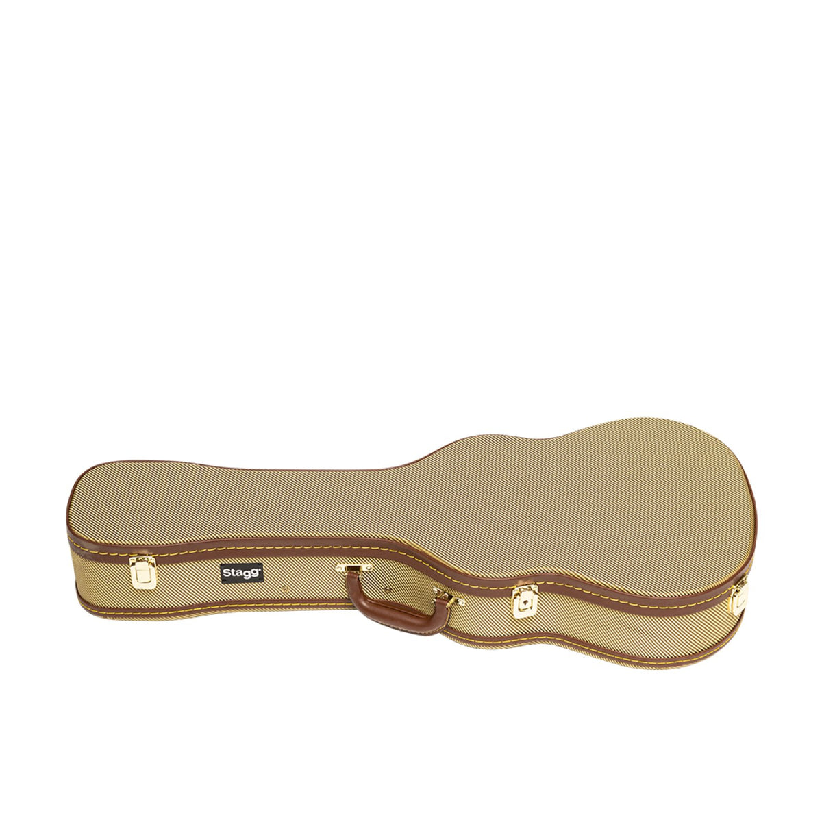 Stagg GCX-UKB GD gold tweed baritone ukulele case, closed, side view with gold latches and handle