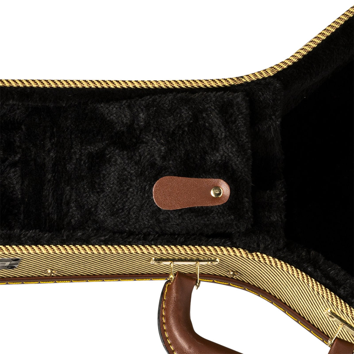 Stagg gold tweed ukulele case, close-up of black plush lining and strap