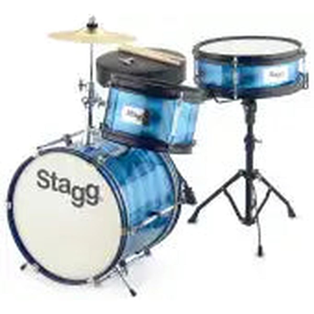 Stagg 3-piece junior drum set in blue with 12-inch bass drum, hardware, cymbal and throne