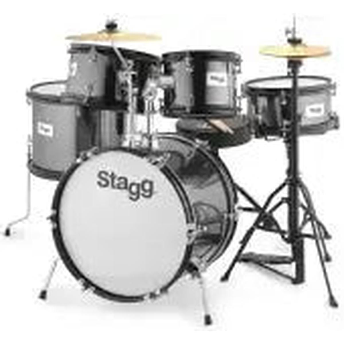 Stagg 5-piece junior drum set in black with 16-inch bass drum, toms, hi-hat, cymbal and throne