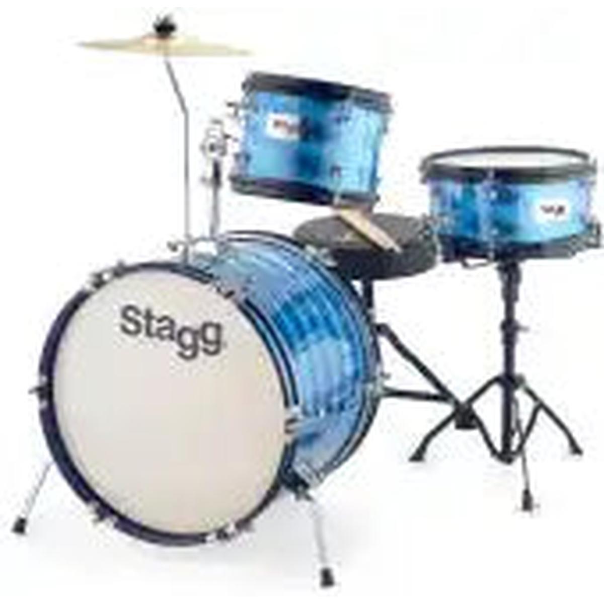 Stagg 3-piece junior drum set in blue with 16-inch bass drum, hardware, cymbal and throne
