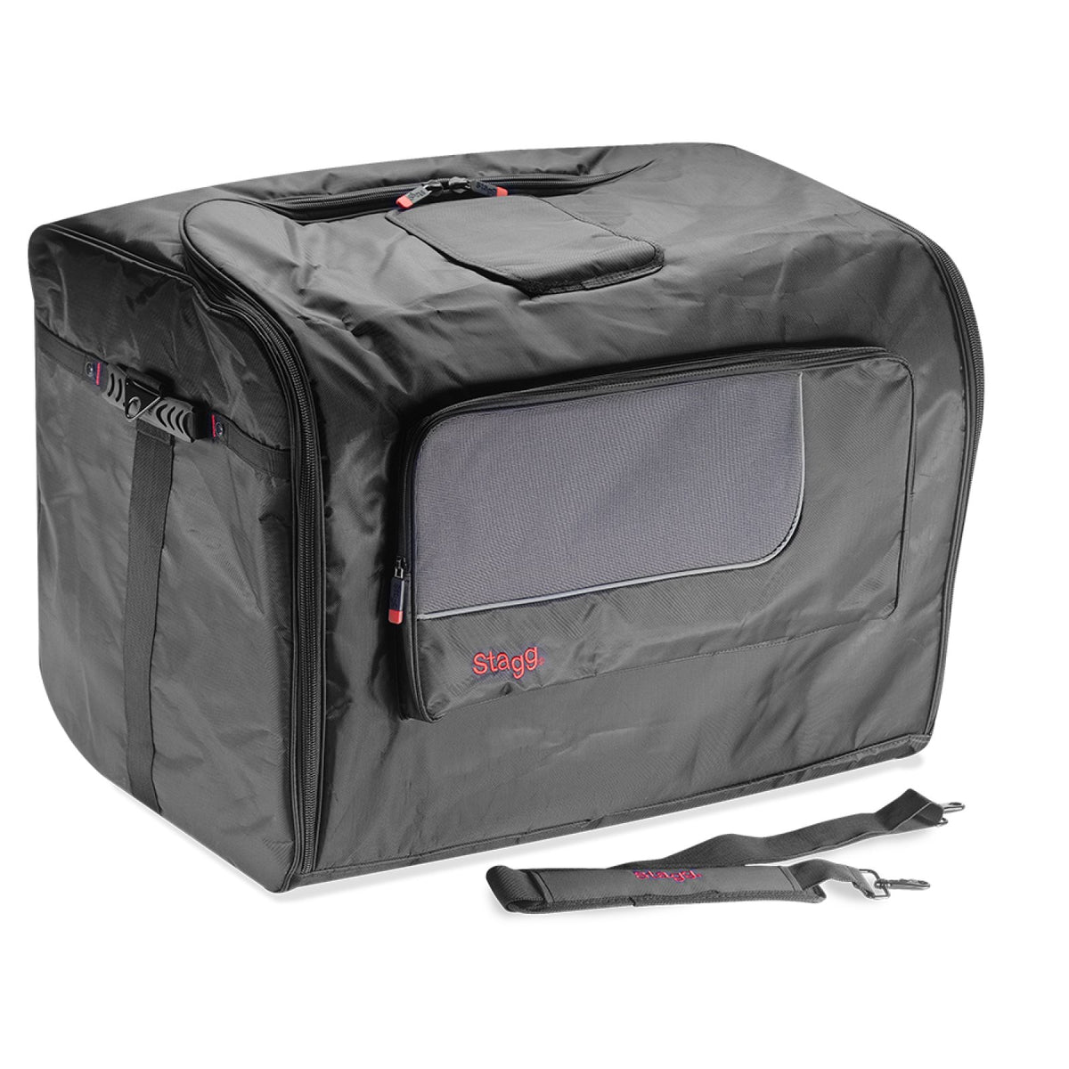 Stagg SPB-15 padded nylon bag for 15 inch PA speaker: front view with the external accessory pocket and detachable shoulder strap