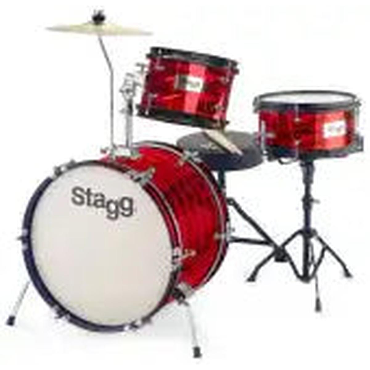 Stagg 3-piece junior drum set in red with 16-inch bass drum, hardware, cymbal and throne
