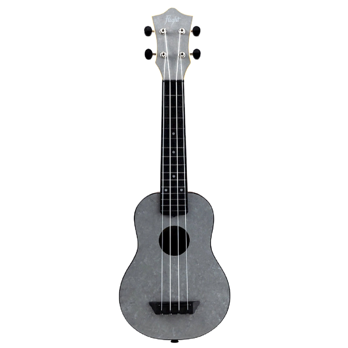 The Flight TUS-65 Silver full front view showcases its silver laminate linden top with a shimmering acrylic finish and soprano body.