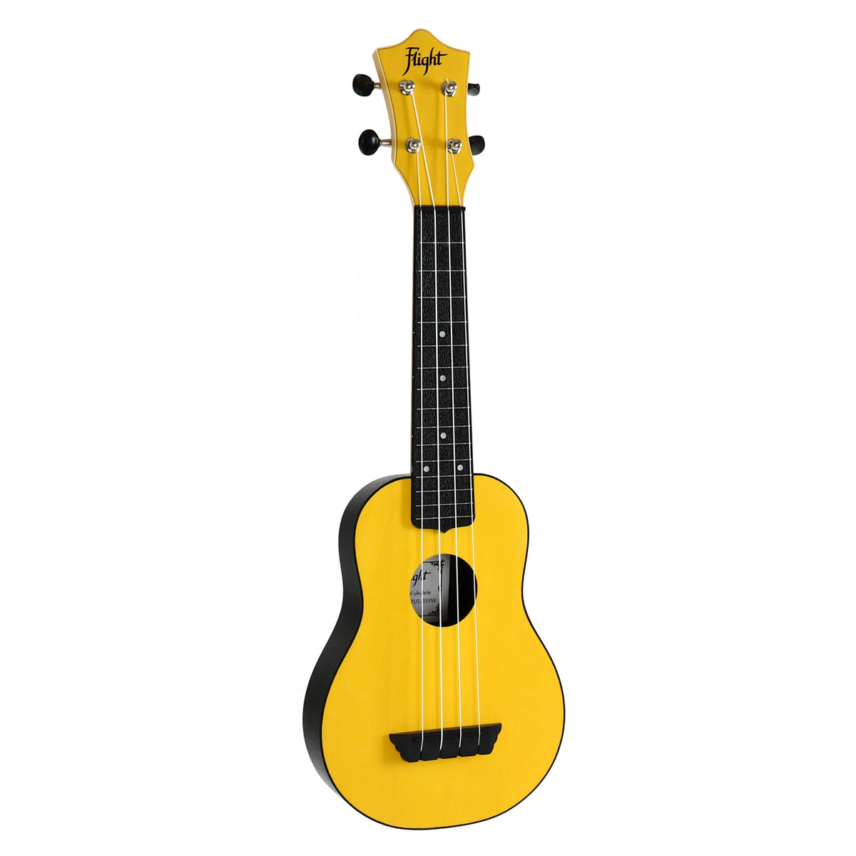 The Flight TUS-35 YL full front view showcases its bright yellow laminate linden top and soprano body shape.