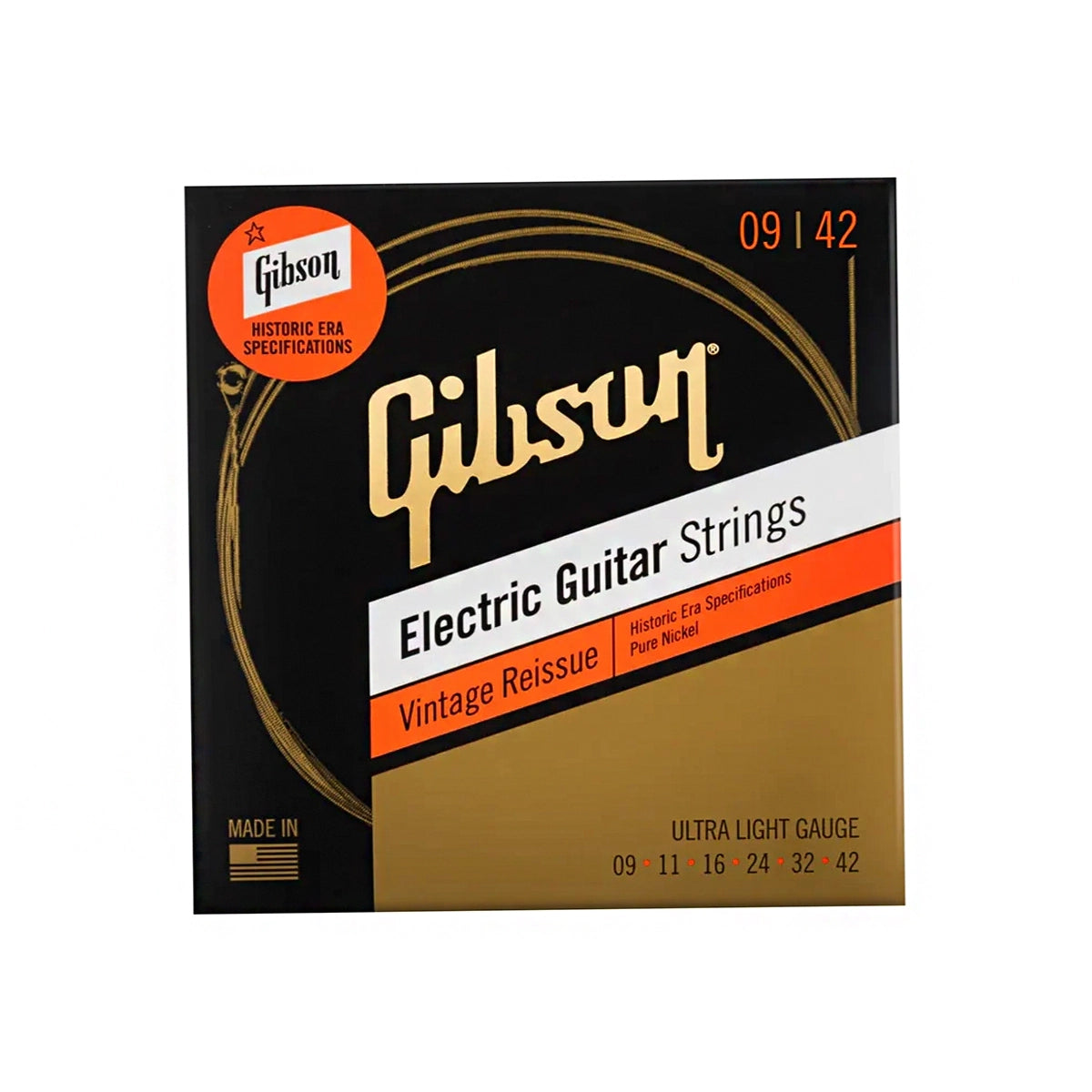 The front packaging displays the Gibson Vintage Reissue Ultra Light Electric Guitar Strings with .009–.042 gauges.
