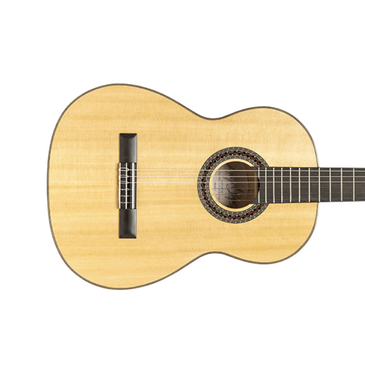 Albillo flamenca guitar, close-up of the spruce top, soundhole rosette and bridge
