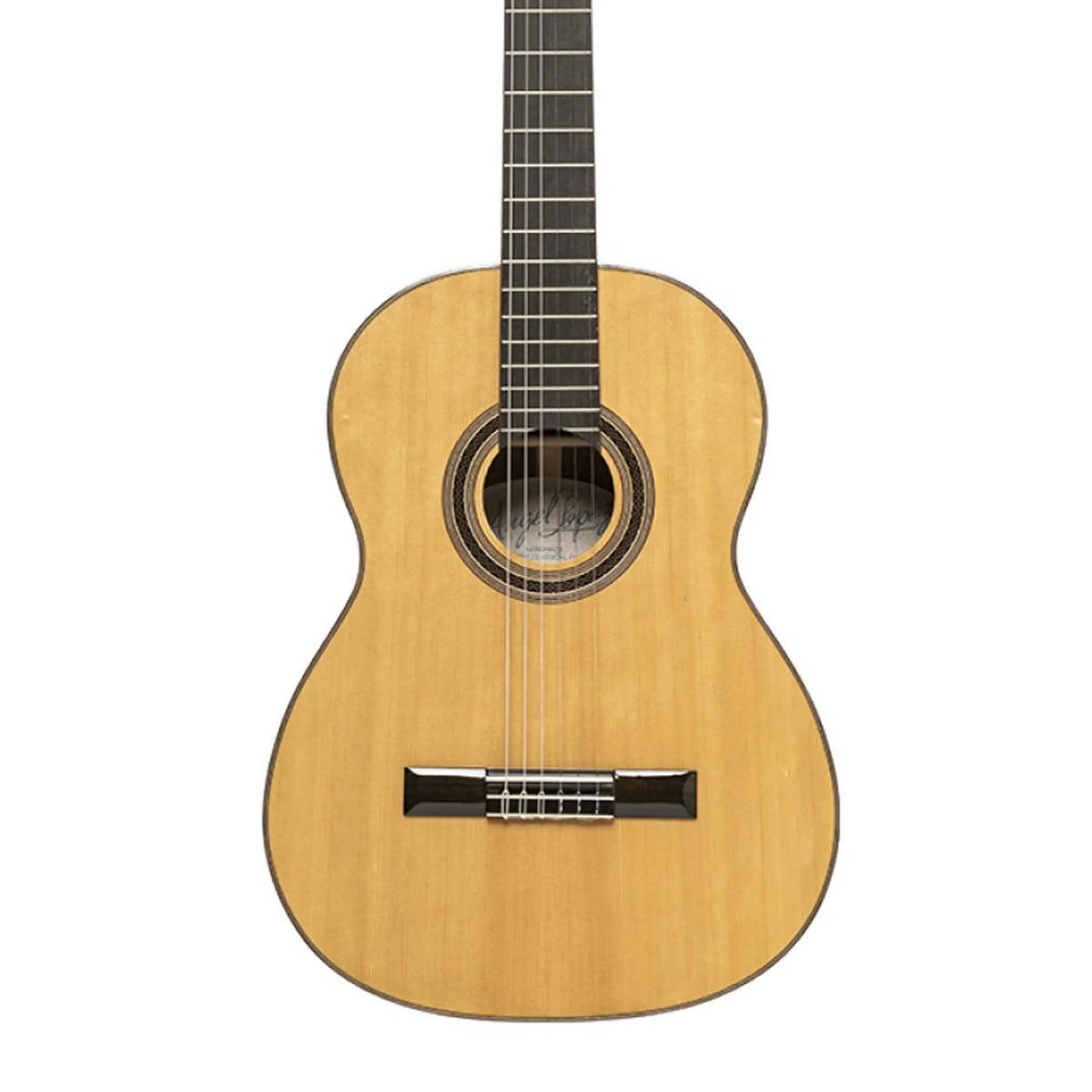 Mazuelo-SR classical guitar, front view of the spruce top, soundhole and bridge