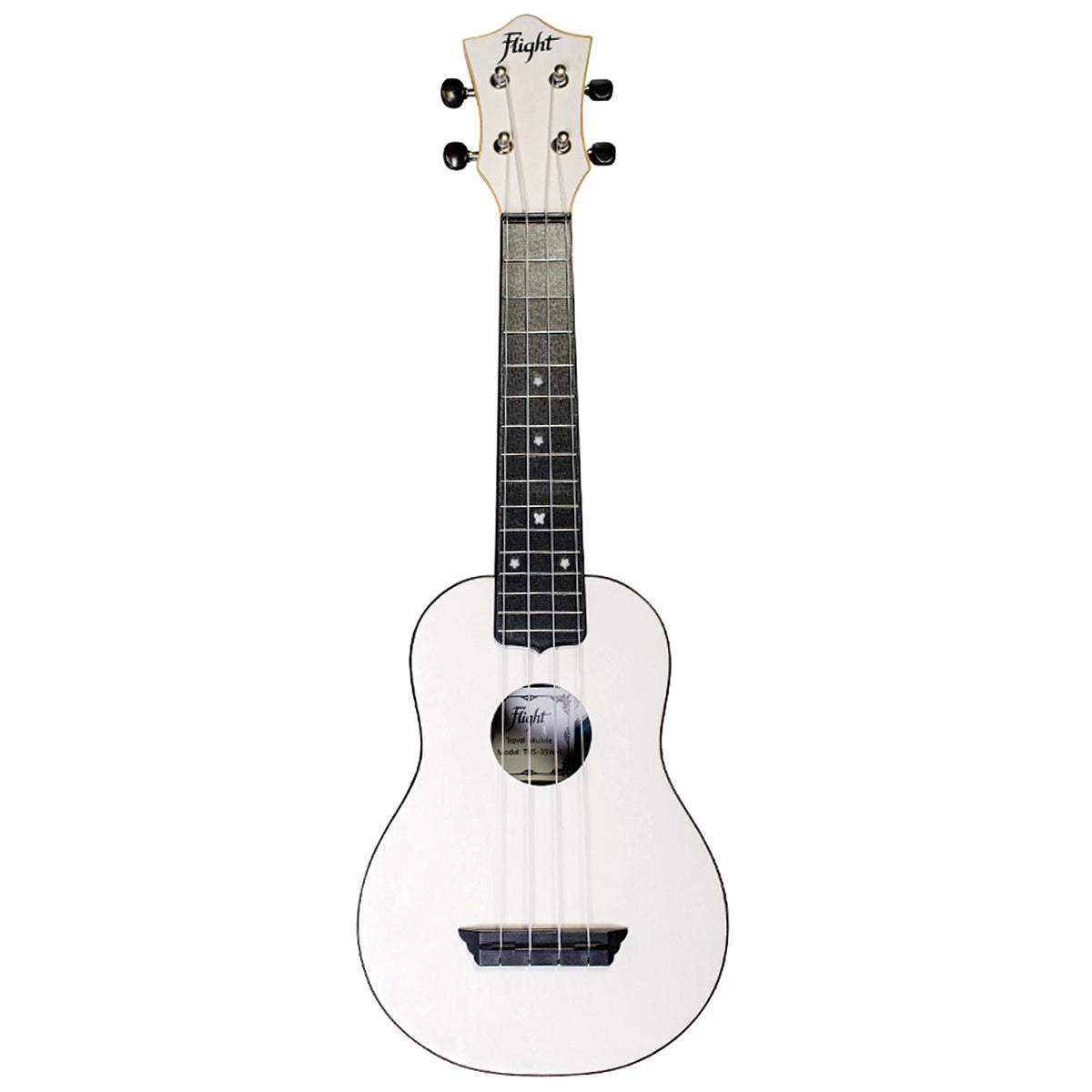 The Flight TUS-35 WH full front view showcases its white linden top and soprano ukulele design.