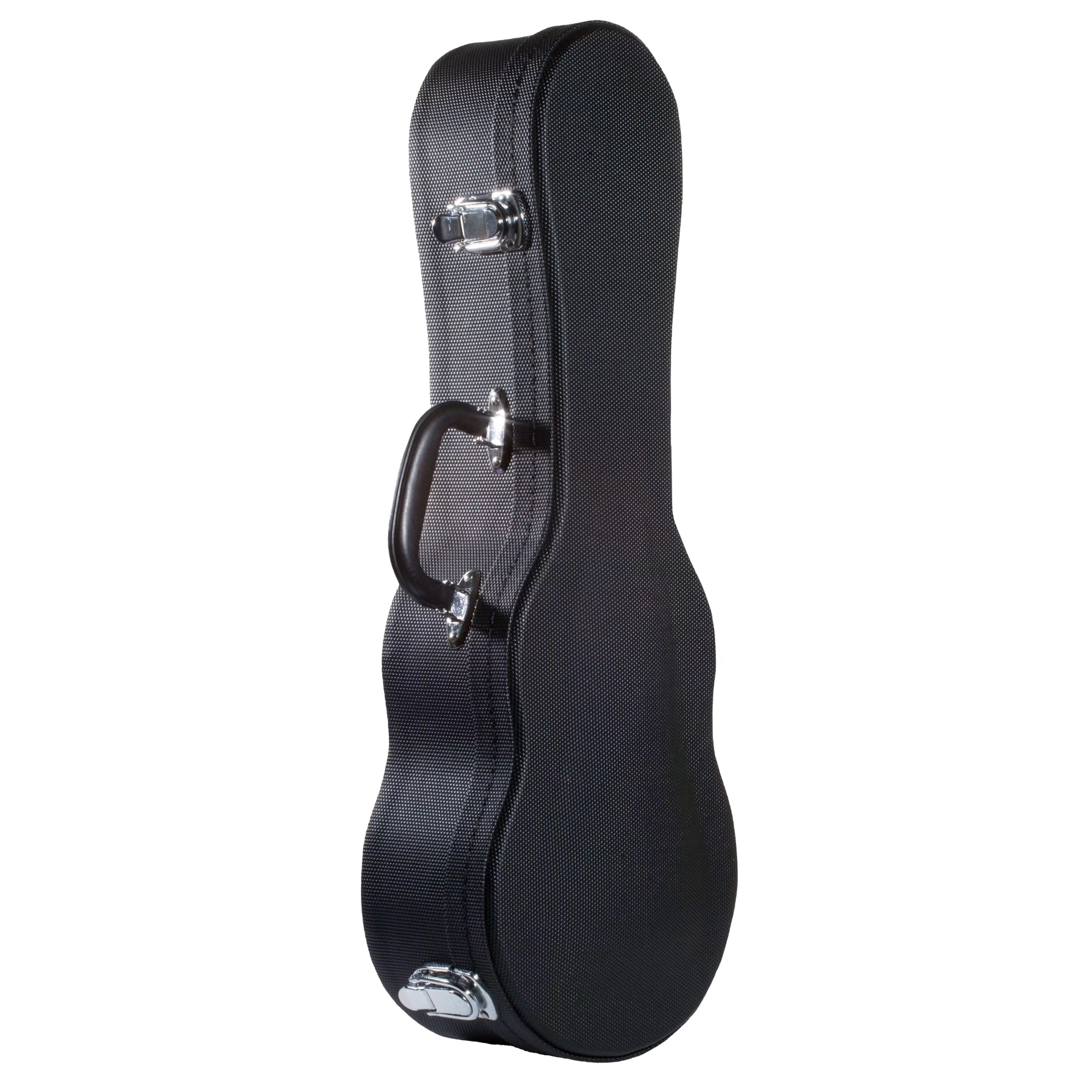 Angled front view of the Ohana UCH-19 sopranino ukulele case, showing its black Dura-Grip exterior, arched top, carrying handle, and chrome-finished drawbolt latches.