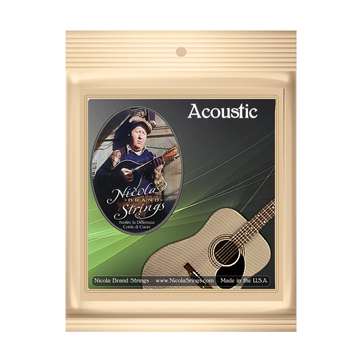 The front packaging displays the Nicola NIC30 Phosphor Bronze Acoustic Guitar Strings with acoustic guitar artwork.