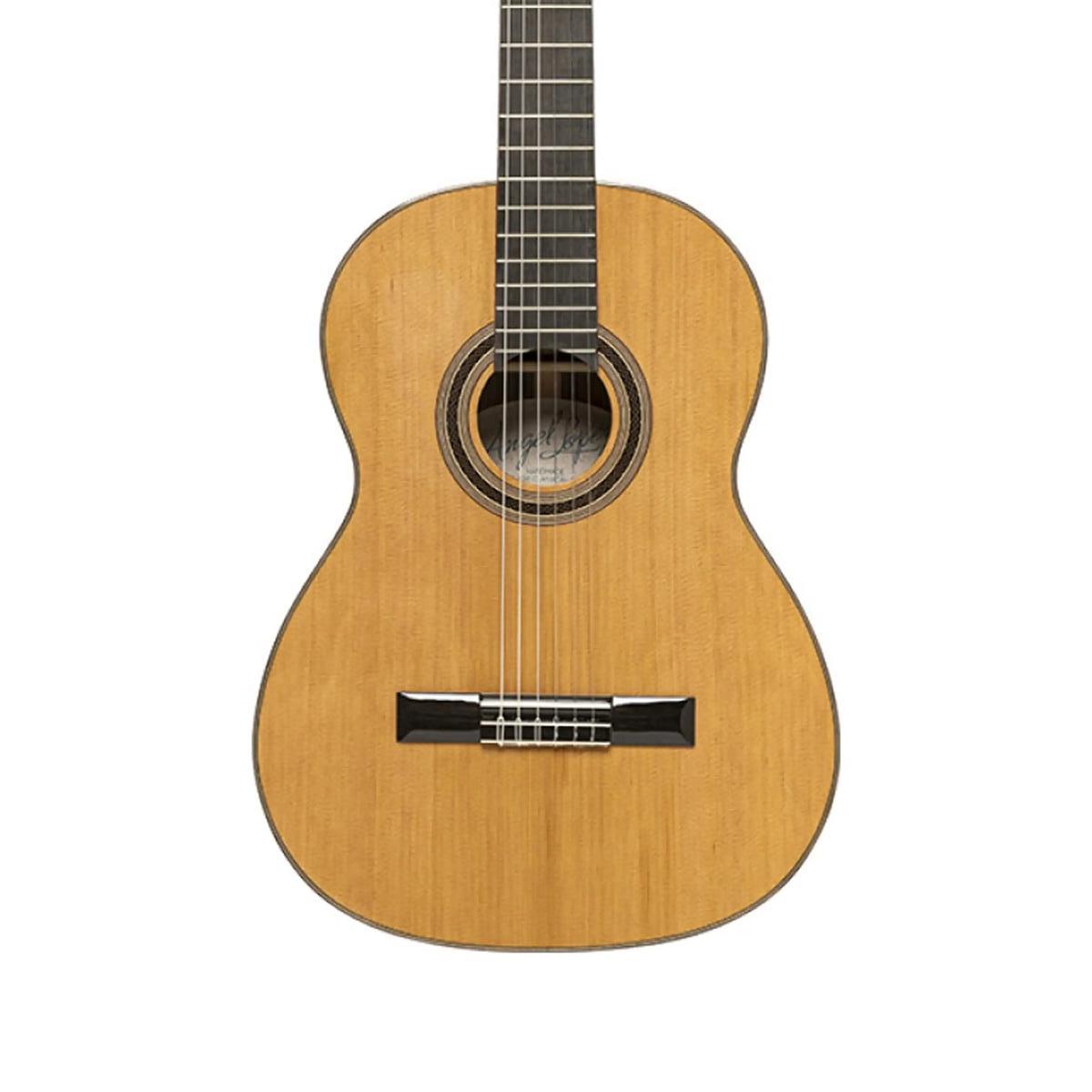 Mazuelo-CR classical guitar, front view of the cedar top, soundhole and bridge