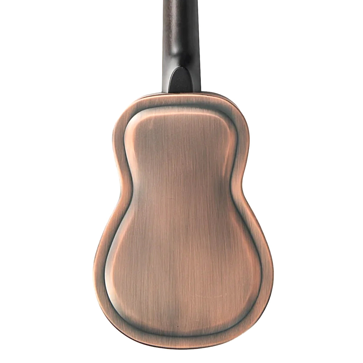 The back of the Kala RES-BCR-B-E Baritone Ukulele showcases its bell brass body with a matte antiqued brushed copper finish.