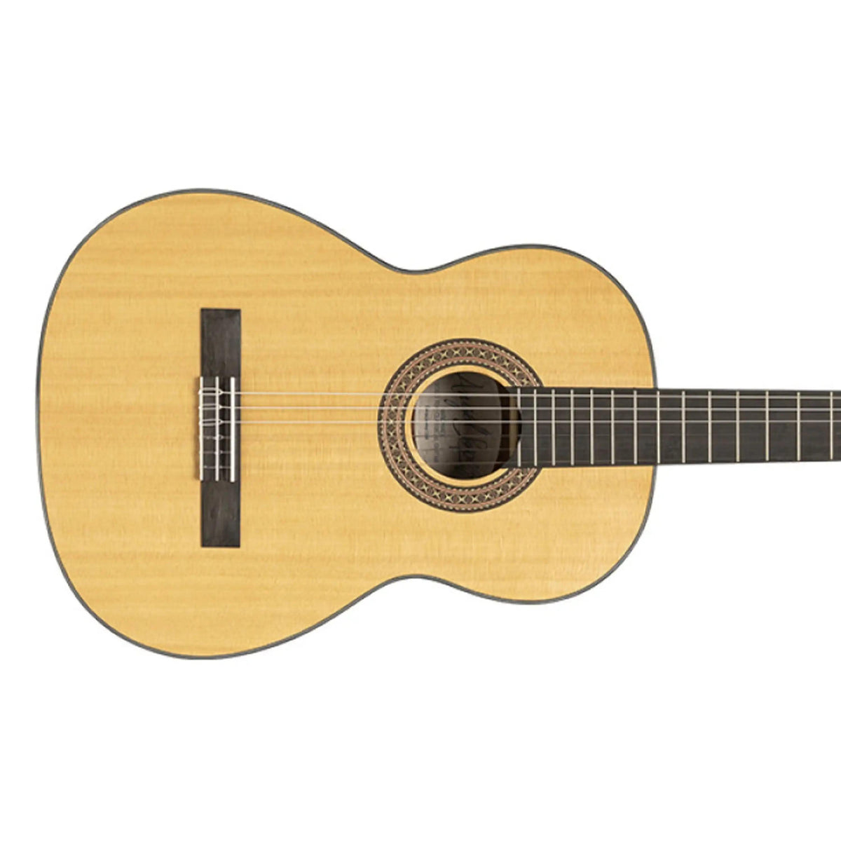 Graciano-SM classical guitar, close-up of the spruce top, soundhole rosette and bridge