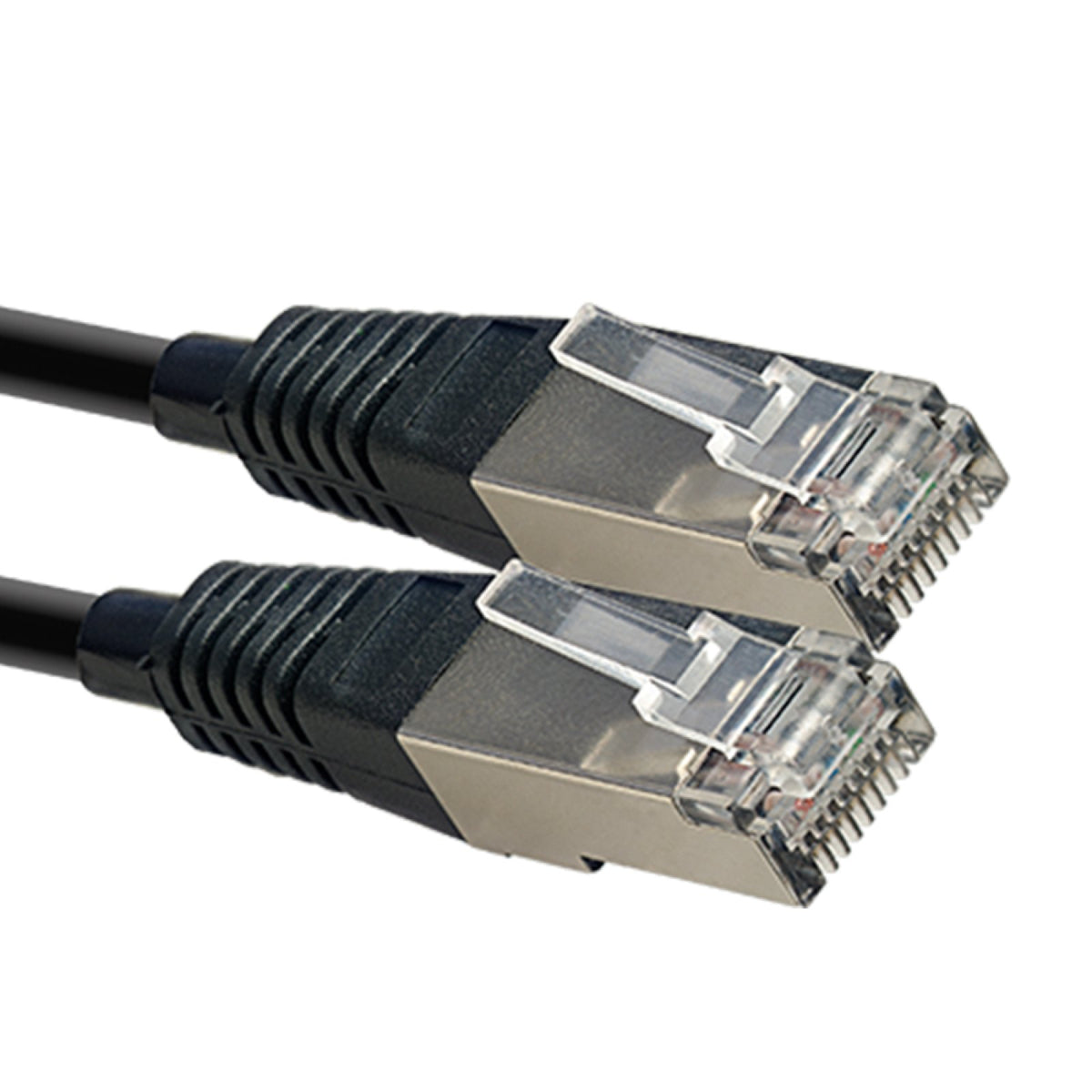 Close-up of the two shielded RJ45 connectors on a black Stagg N-Series CAT6 SFTP network cable