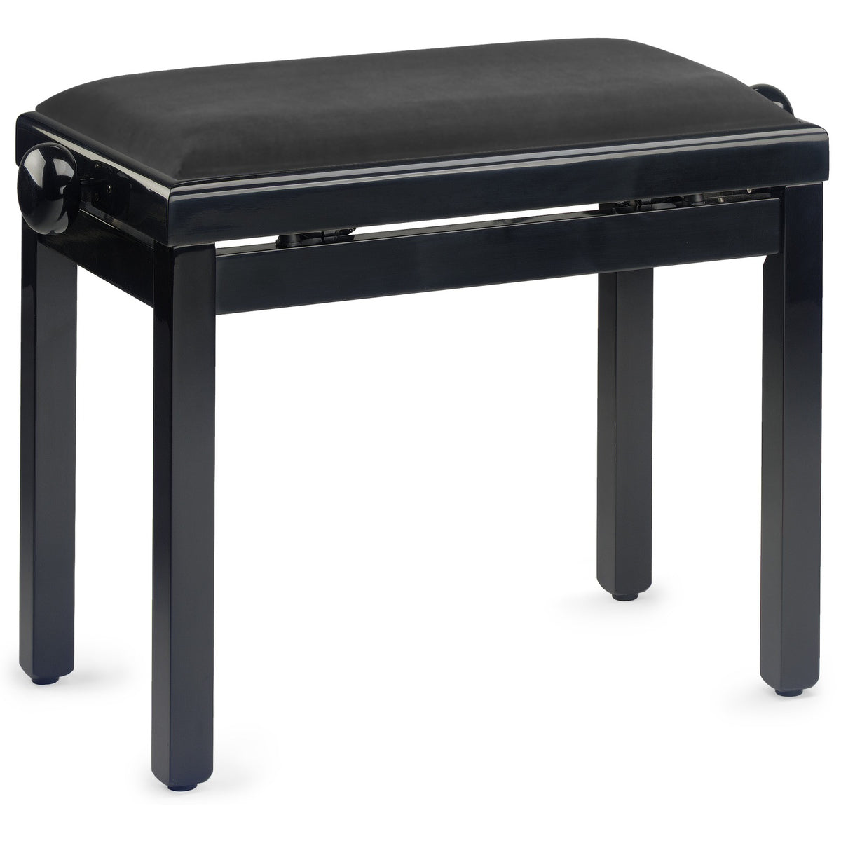 Stagg PB39 highgloss black adjustable piano bench with black smooth velvet padded top, front three-quarter view with adjustment knob on the side