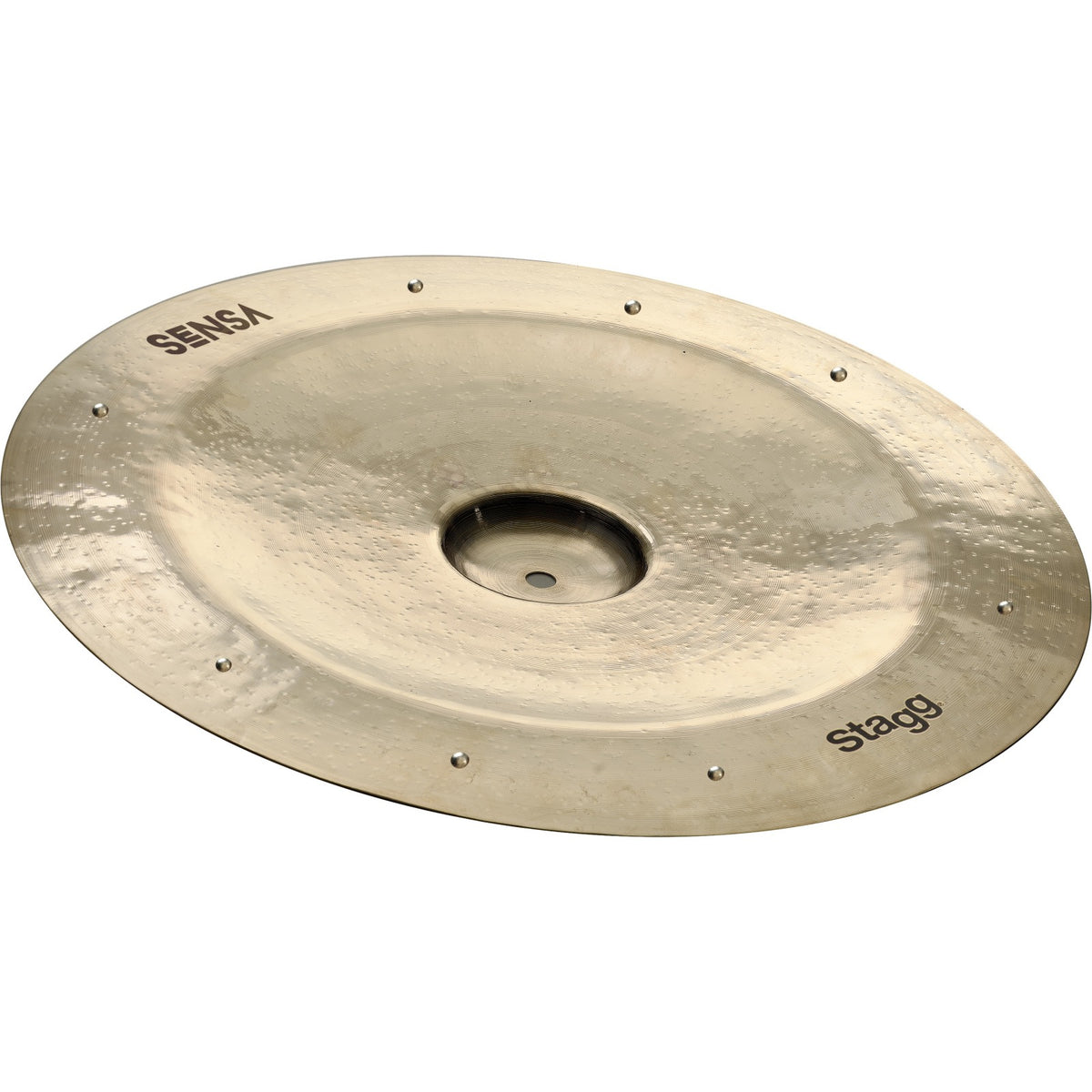 Stagg SEN-CH16B ZZ SENSA Brilliant sizzle china cymbal, angled view of the hammered brilliant-finish cymbal with rivets around the edge and the SENSA and Stagg logos