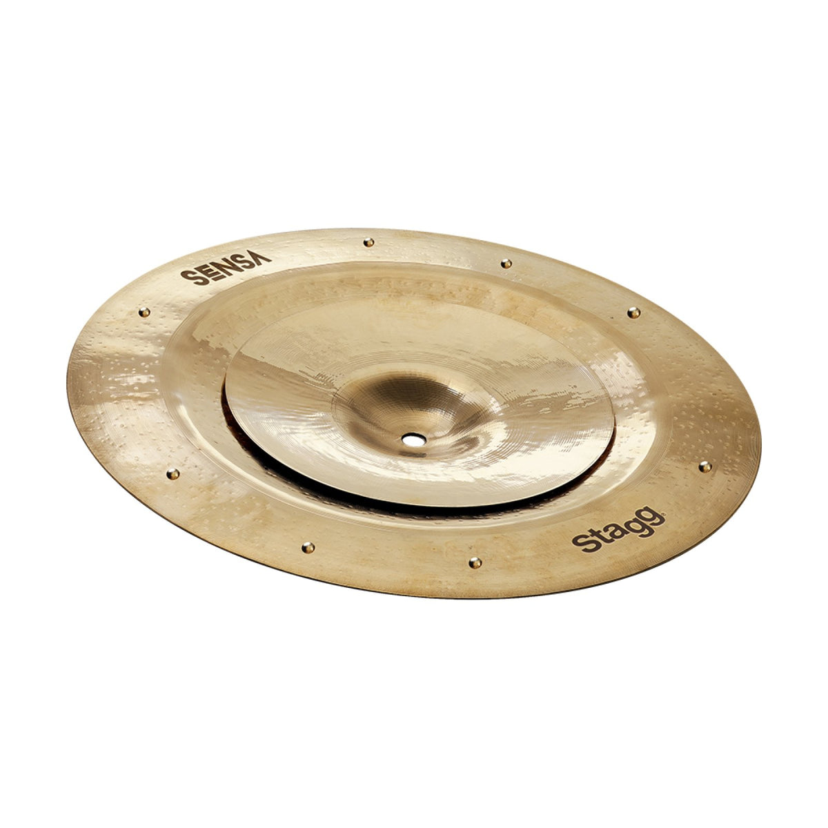 Stagg SENSA 8-inch splash stacked on a 14-inch china cymbal with sizzle rivets, angled view
