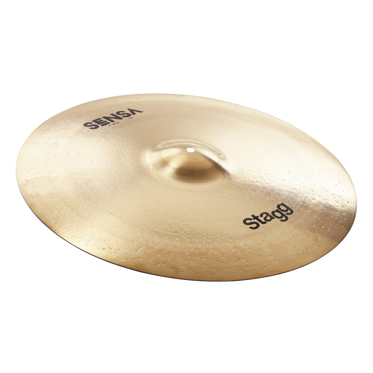 Stagg SEN-RM21B 21-inch SENSA brilliant medium ride cymbal, angled view of the hammered brilliant-finish cymbal with SENSA and Stagg logos