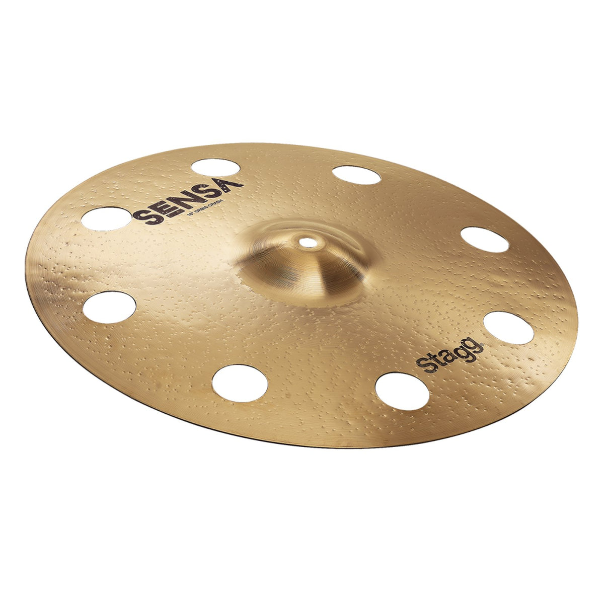 Stagg 16 inch Sensa Orbis Medium Crash cymbal in B20 bronze with eight round holes, angled view