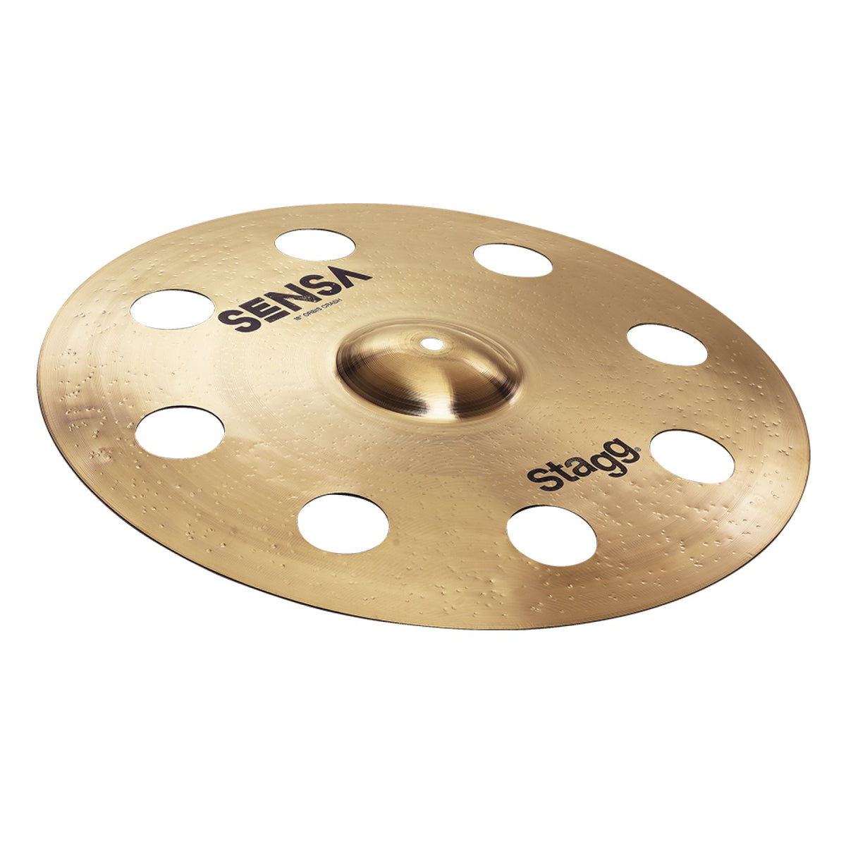 Stagg 18 inch Sensa Orbis Medium Crash cymbal in B20 bronze with eight round holes, angled view