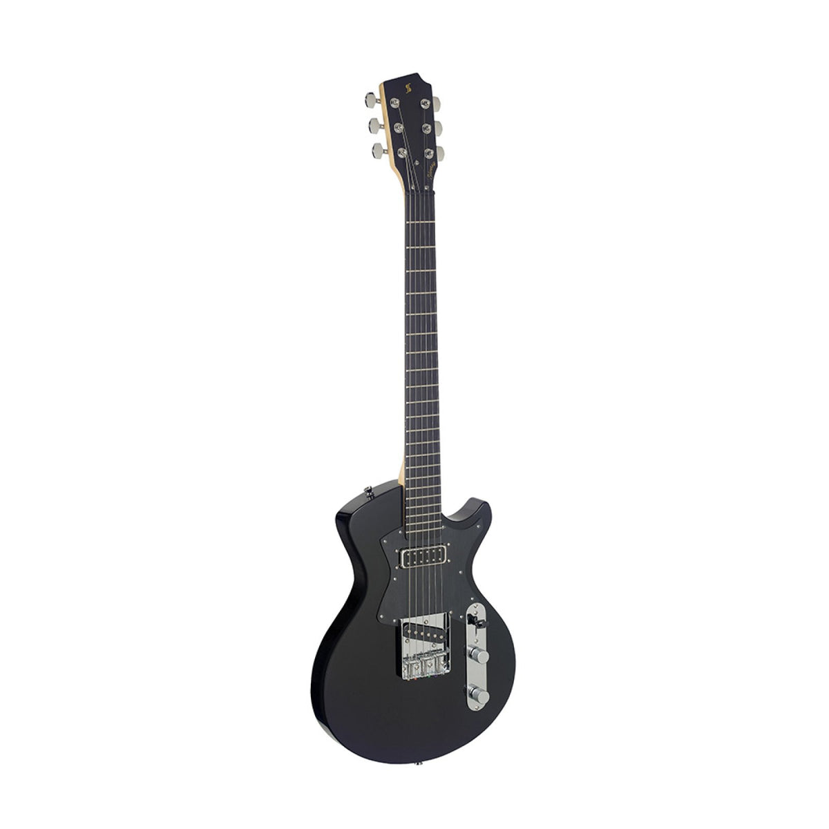 Stagg Silveray Custom electric guitar in black with solid alder body, full angled view