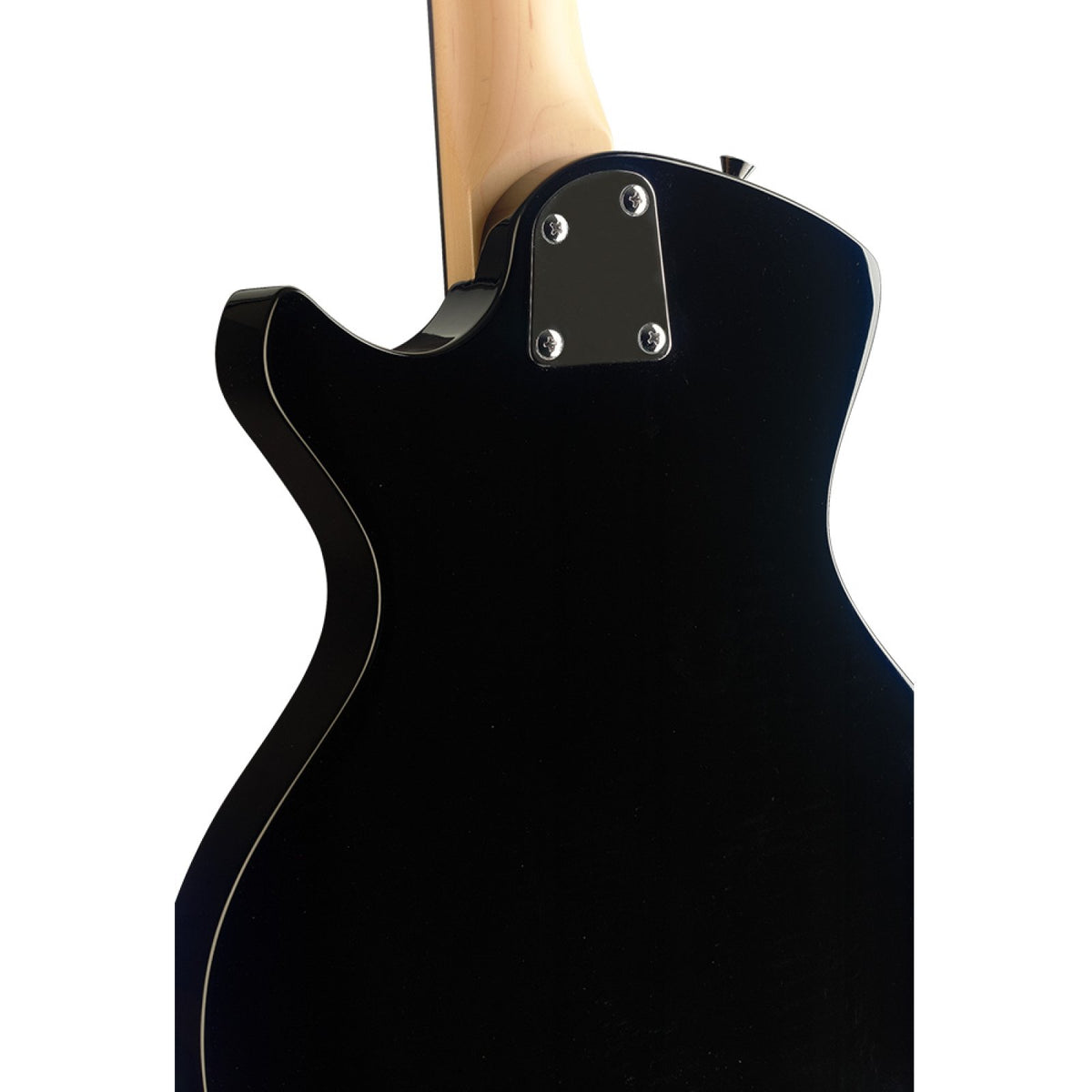 Neck joint plate and maple neck on the back of the black Stagg Silveray Custom electric guitar