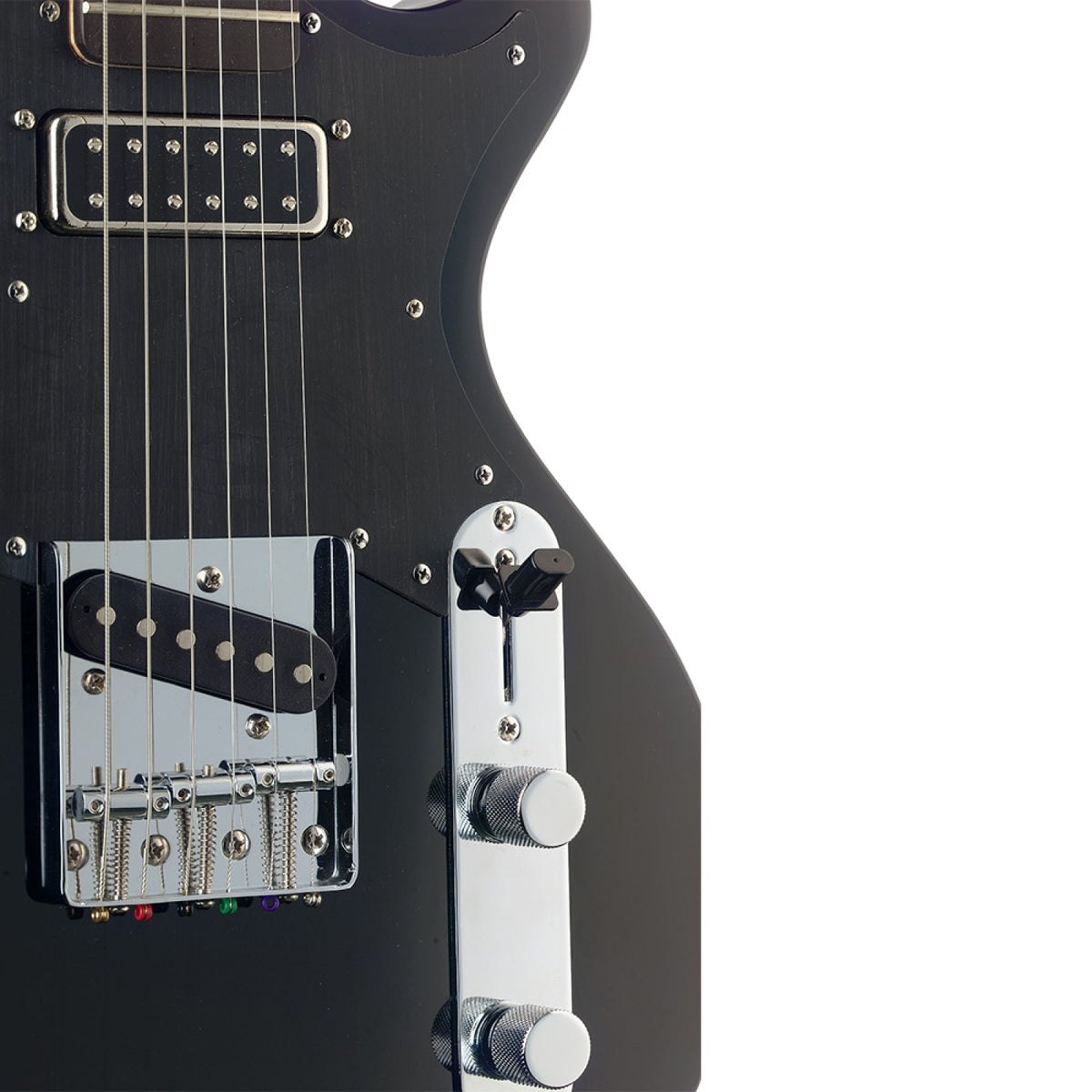 Close-up of the pickups, chrome T-style bridge and control plate on the Stagg Silveray Custom electric guitar
