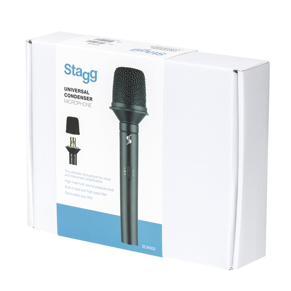 Retail box of the Stagg SCM300 universal condenser microphone