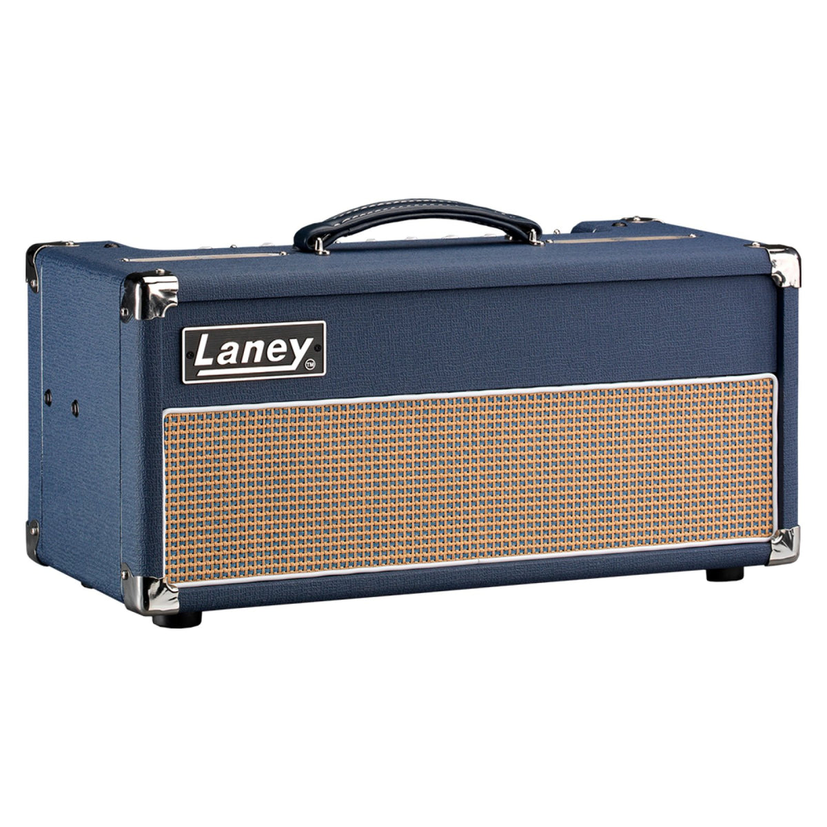Laney Lionheart L20H 20W all-tube guitar amp head front three-quarter view of the blue tolex head with wheat grille cloth and chrome corners