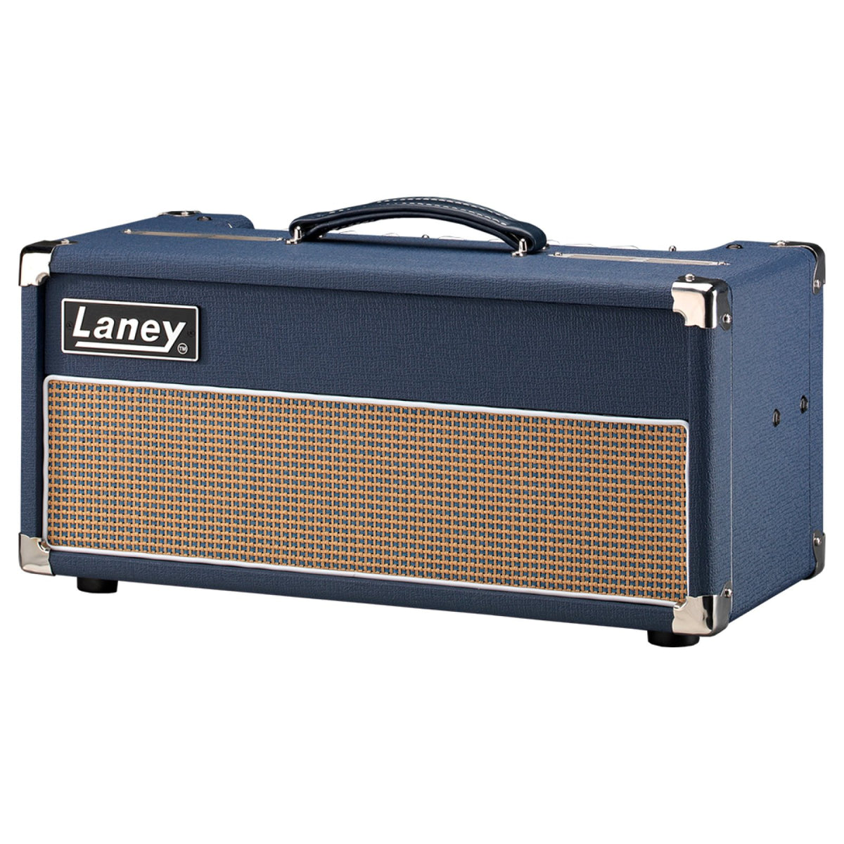 Laney Lionheart L20H 20W all-tube guitar amp head side angled view showing the blue tolex cabinet and corner protectors